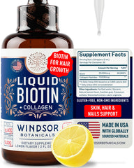 Bottle of lemon-flavored biotin and collagen liquid drops for hair growth, 2oz