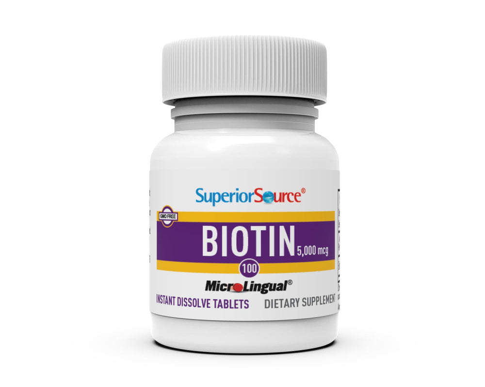 Superior Source Biotin packaging highlighting non-GMO and sublingual format