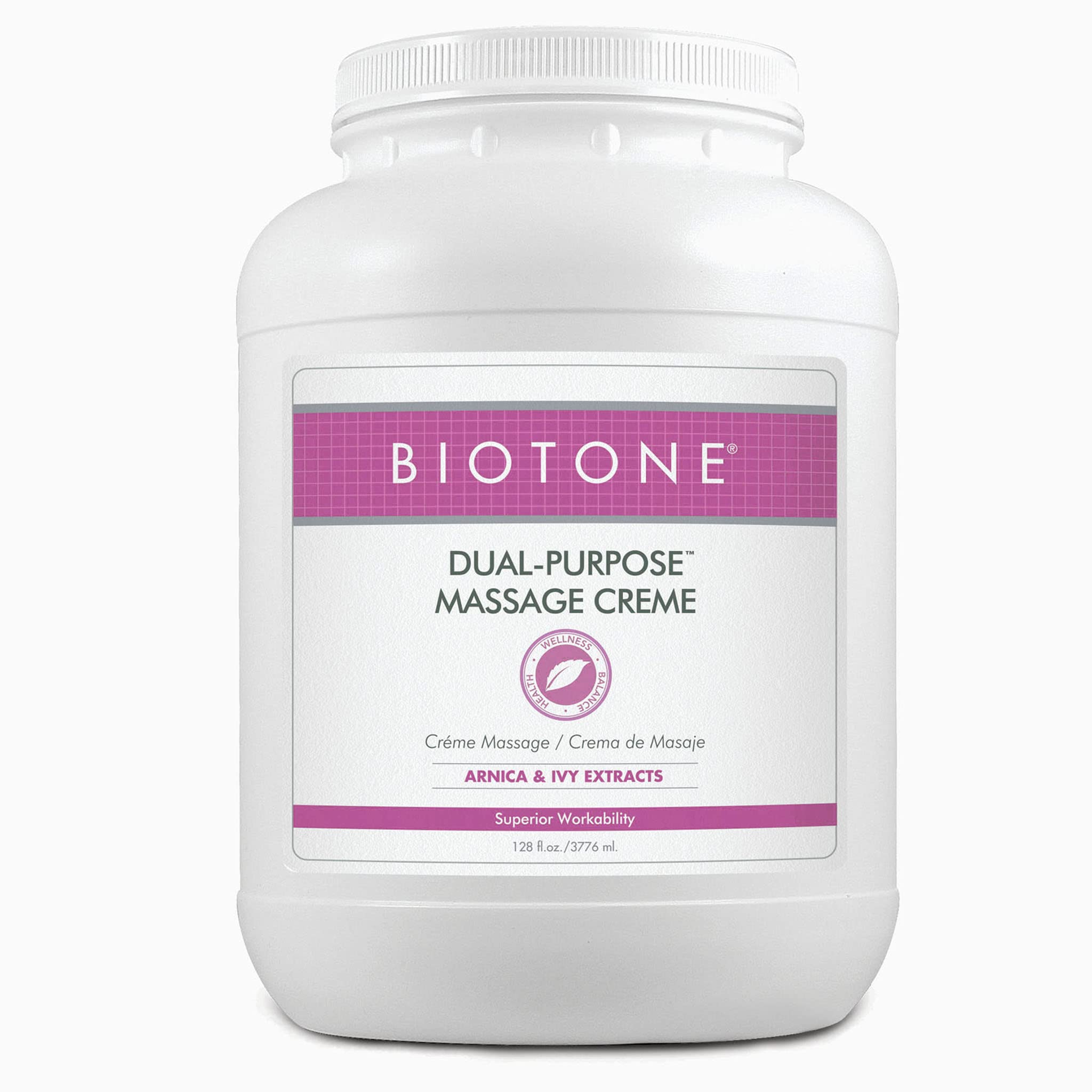 Biotone Dual-Purpose Massage Crème bottle label with Arnica and Ivy Extracts