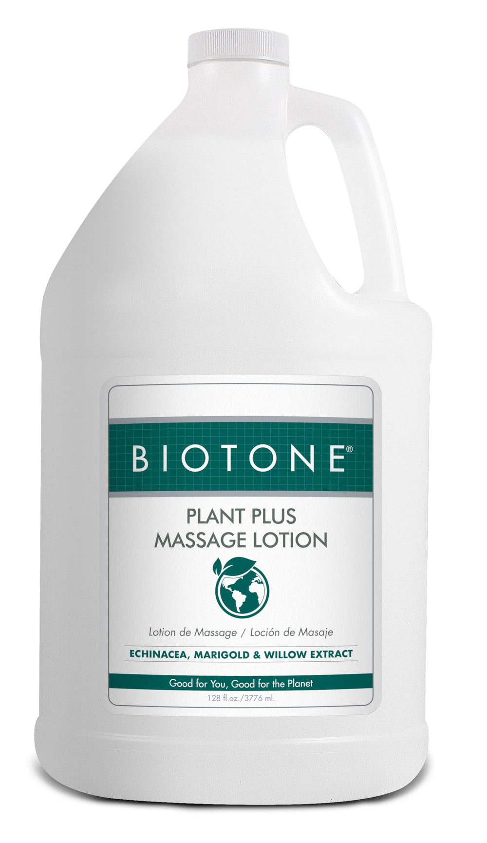 BIOTONE Plant Plus Massage Lotion 128 oz bottle with eco-conscious branding