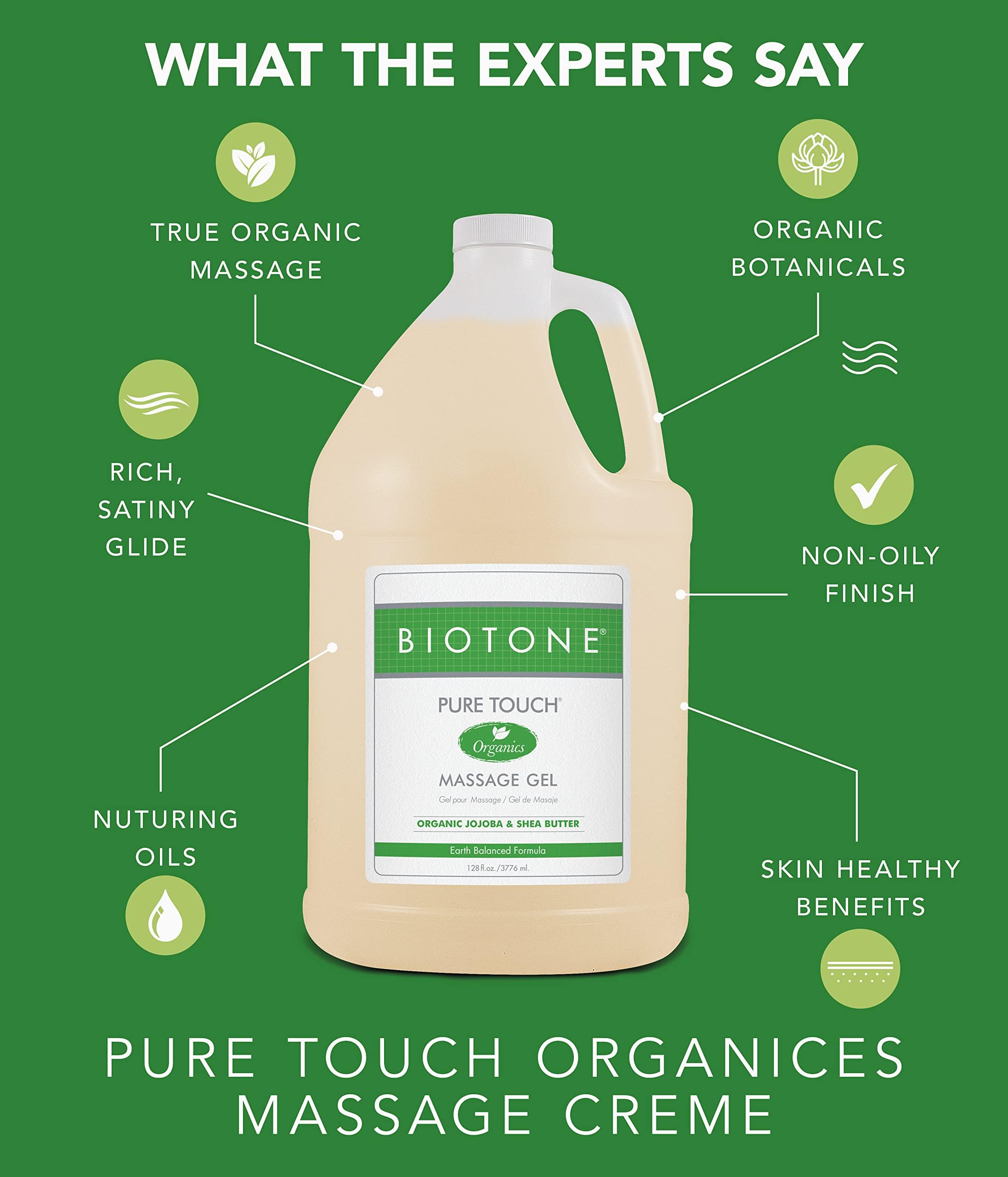 Hands applying Biotone Pure Touch Organics Massage Gel showing glide texture