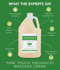Hands applying Biotone Pure Touch Organics Massage Gel showing glide texture