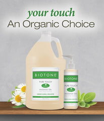Close-up of organic oils and chamomile ingredients in Biotone Pure Touch Organics Massage Gel