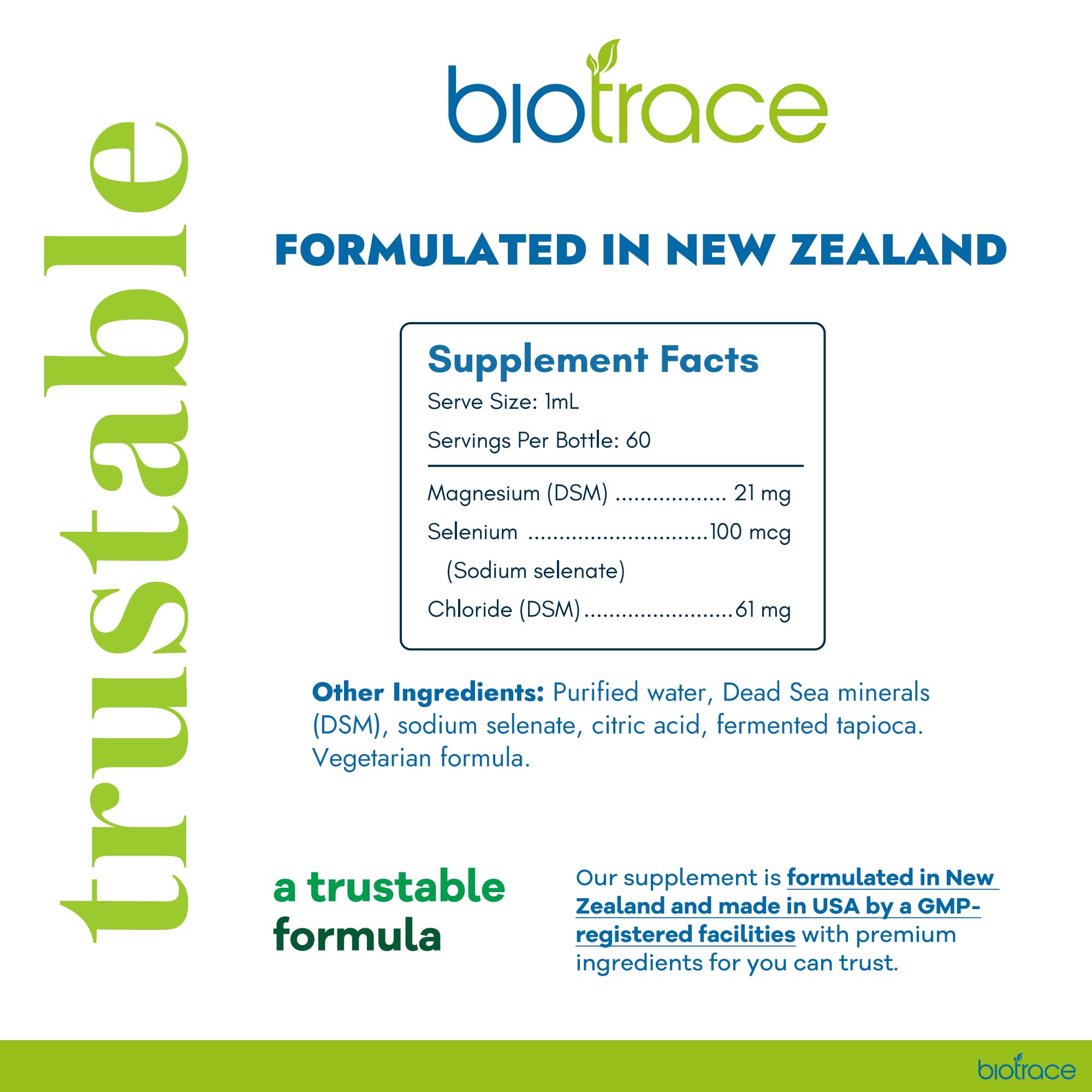 Close-up of Biotrace Selenium 100mcg liquid drops bottle