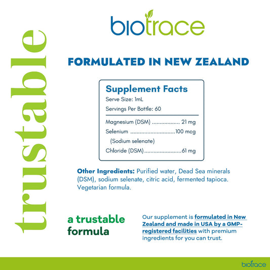 Close-up of Biotrace Selenium 100mcg liquid drops bottle