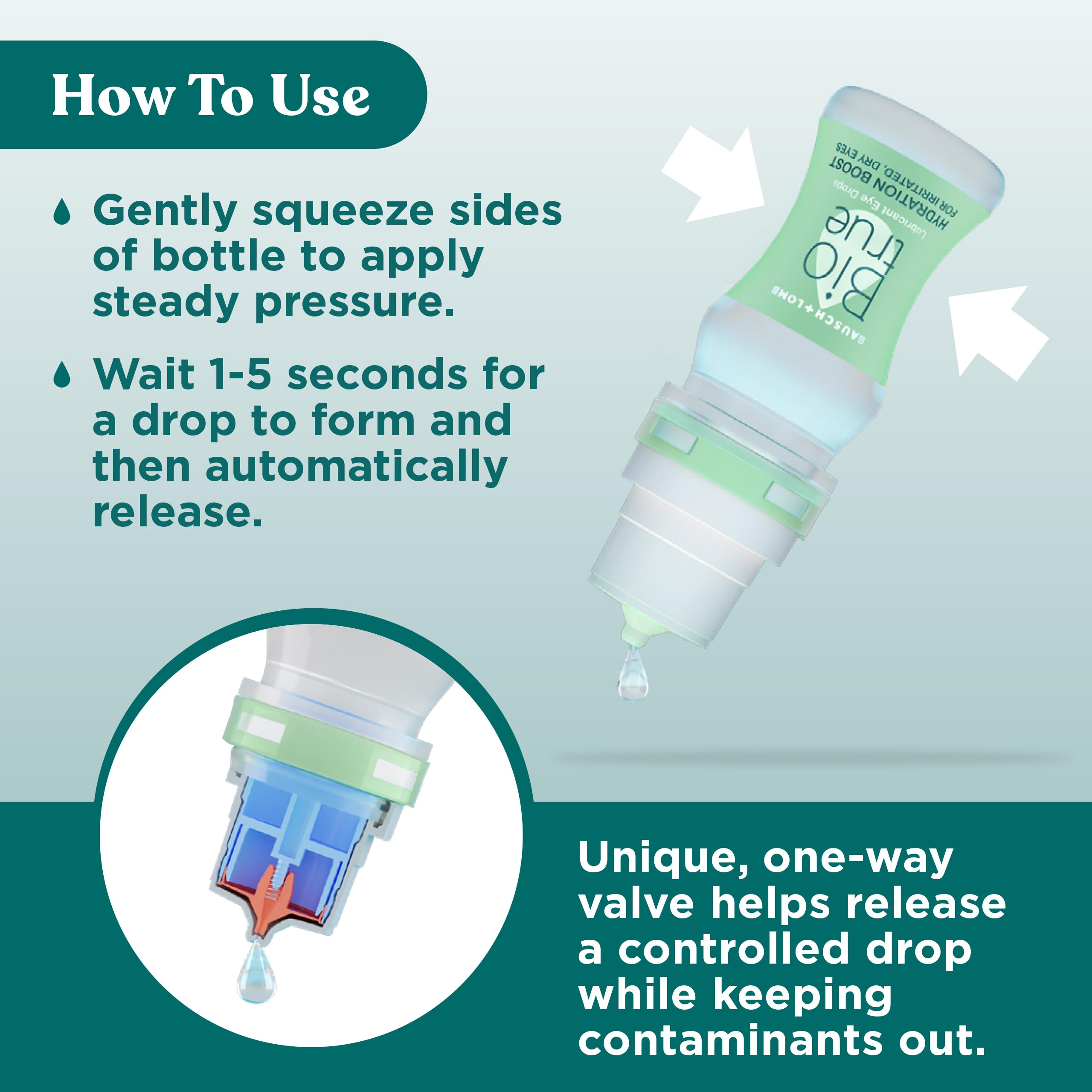 Biotrue Hydration Boost eye drops application image highlights simple, quick rehydration.