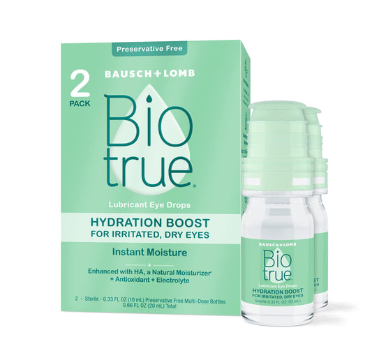 Biotrue Hydration Boost eye drops bottle close-up shows preservative-free moisture for dry eyes.