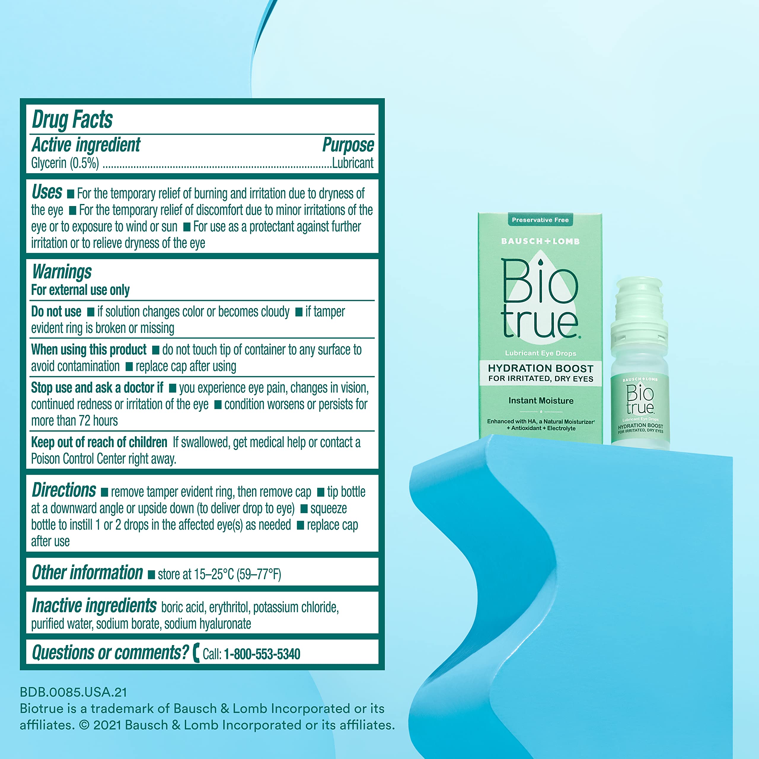 Biotrue Hydration Boost with contact lens-friendly design for comfortable wear.