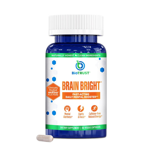 Front label showing BioTrust Brain Bright 30 servings