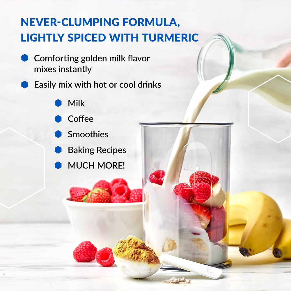 Biotrust Collagen Turmeric Golden Milk glass highlights vibrant golden color.