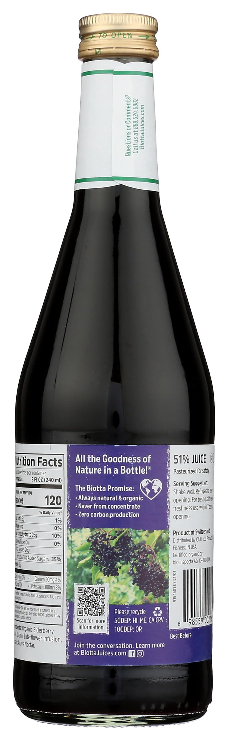 Close-up of Biotta Naturals Elderberry Juice bottle