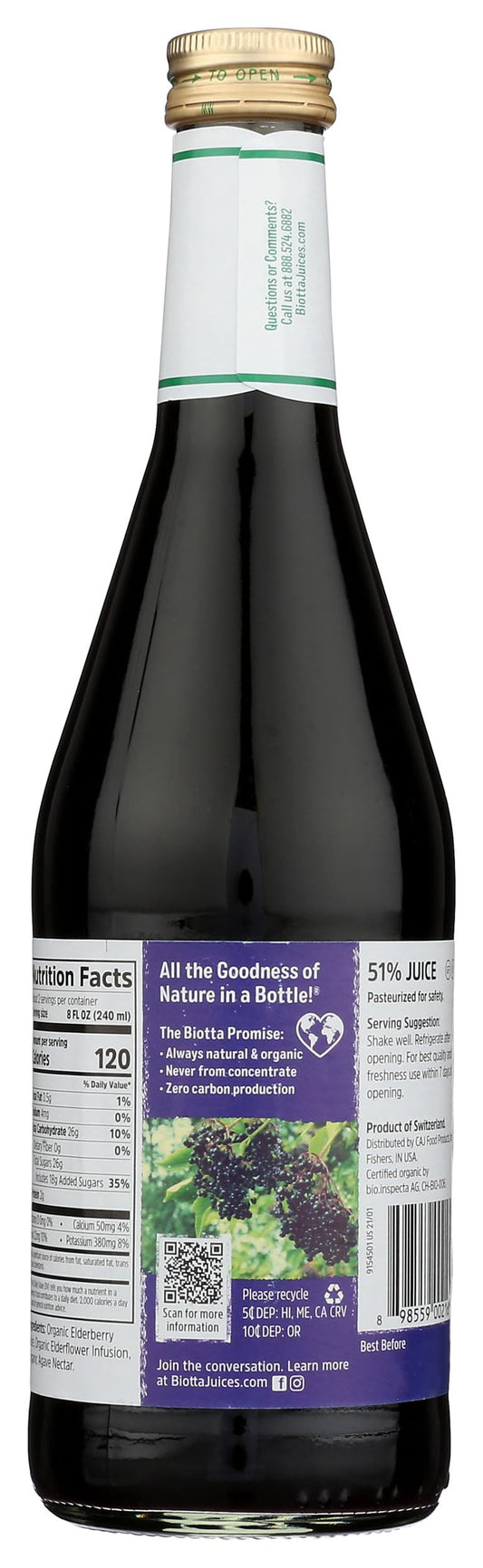 Close-up of Biotta Naturals Elderberry Juice bottle