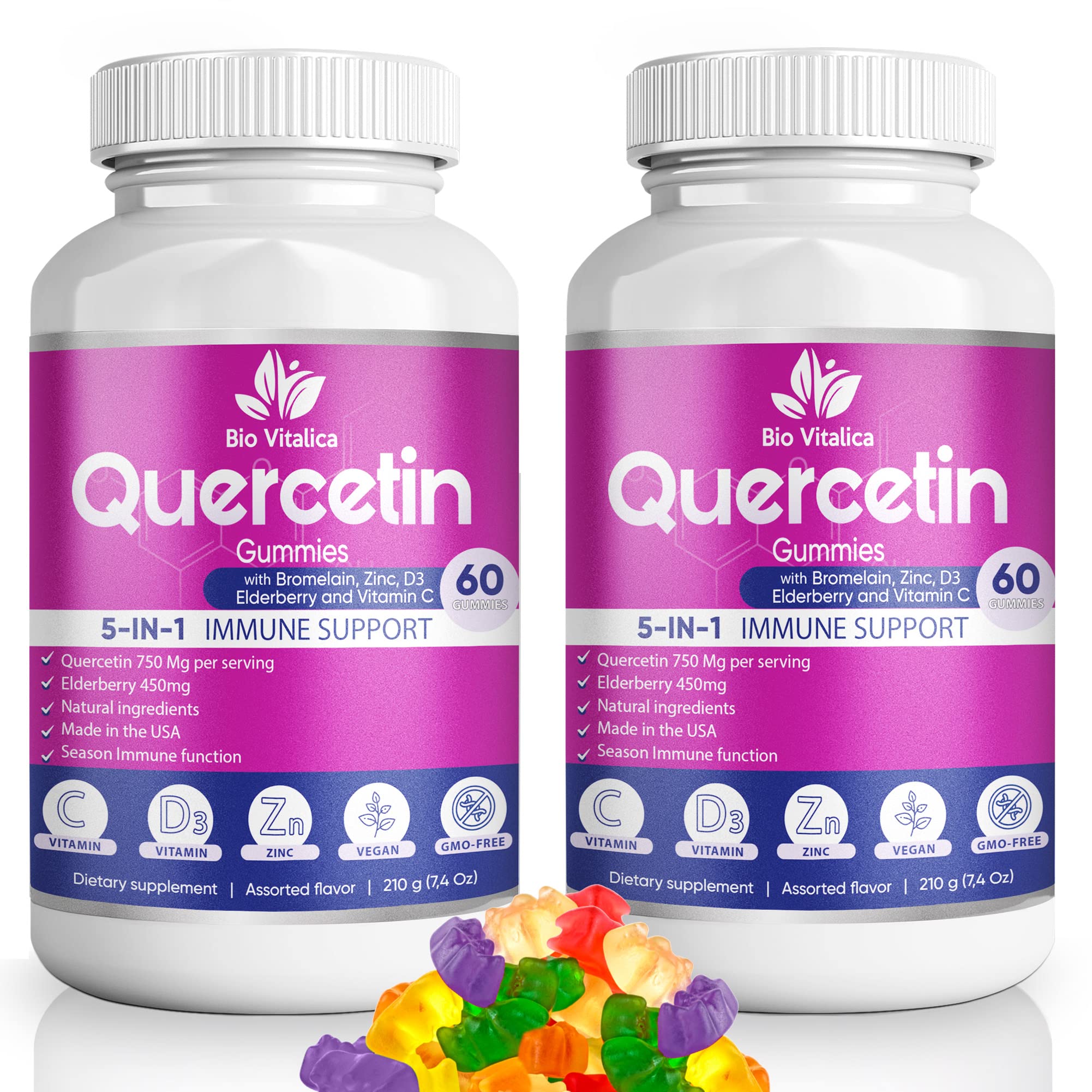 BioVitalica Quercetin Gummies front jar view for daily immune support.