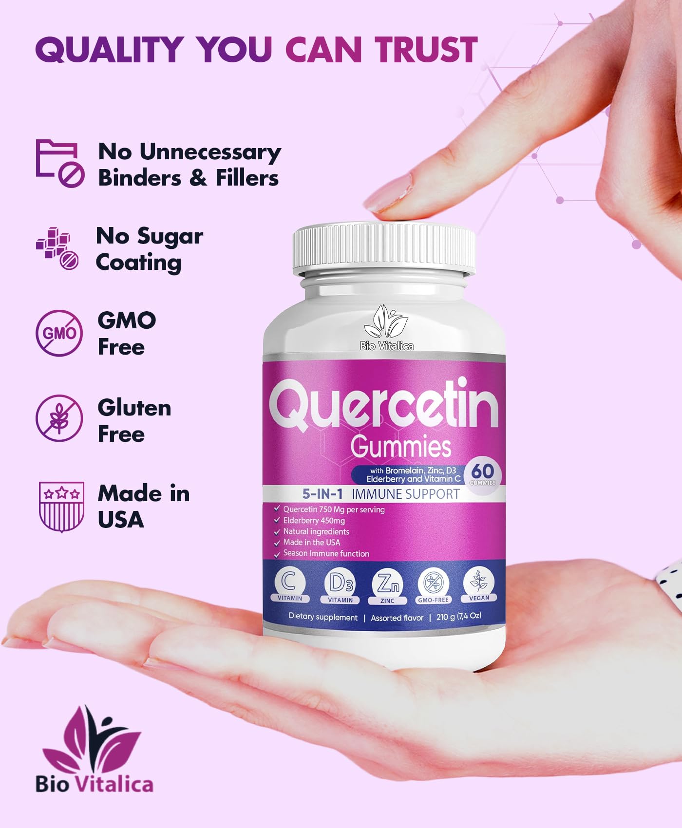 BioVitalica Quercetin Gummies jar close-up showing chewy texture.