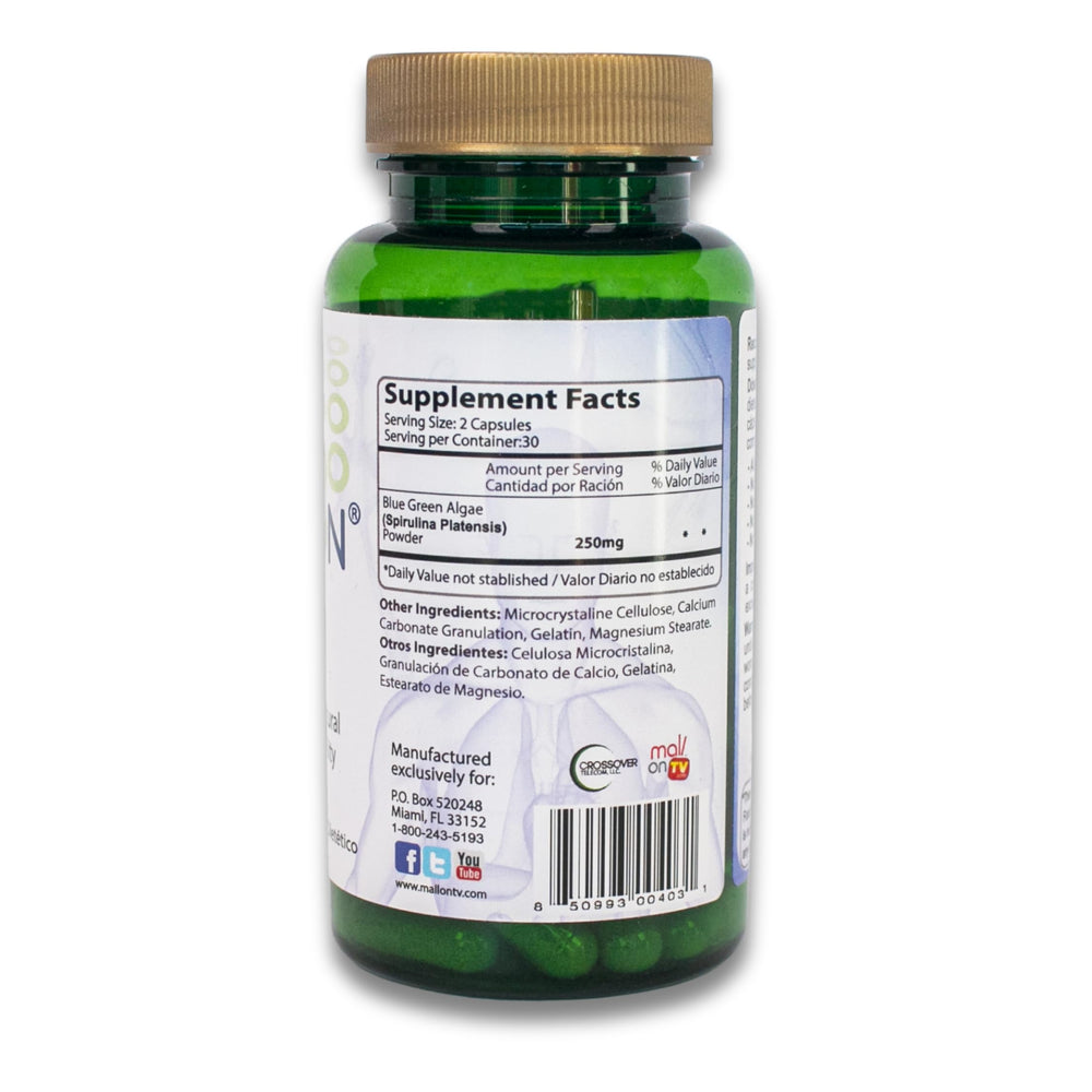Close-up of two capsules showing blue-green algae and spirulina