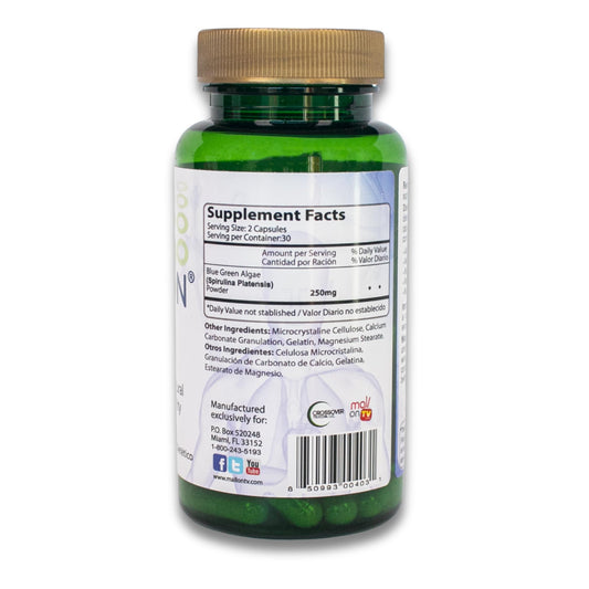 Close-up of two capsules showing blue-green algae and spirulina
