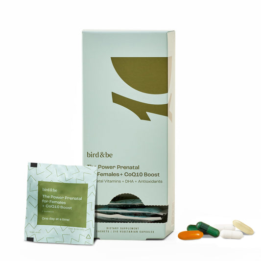 bird&be The Power Prenatal bottle with CoQ10 Boost label