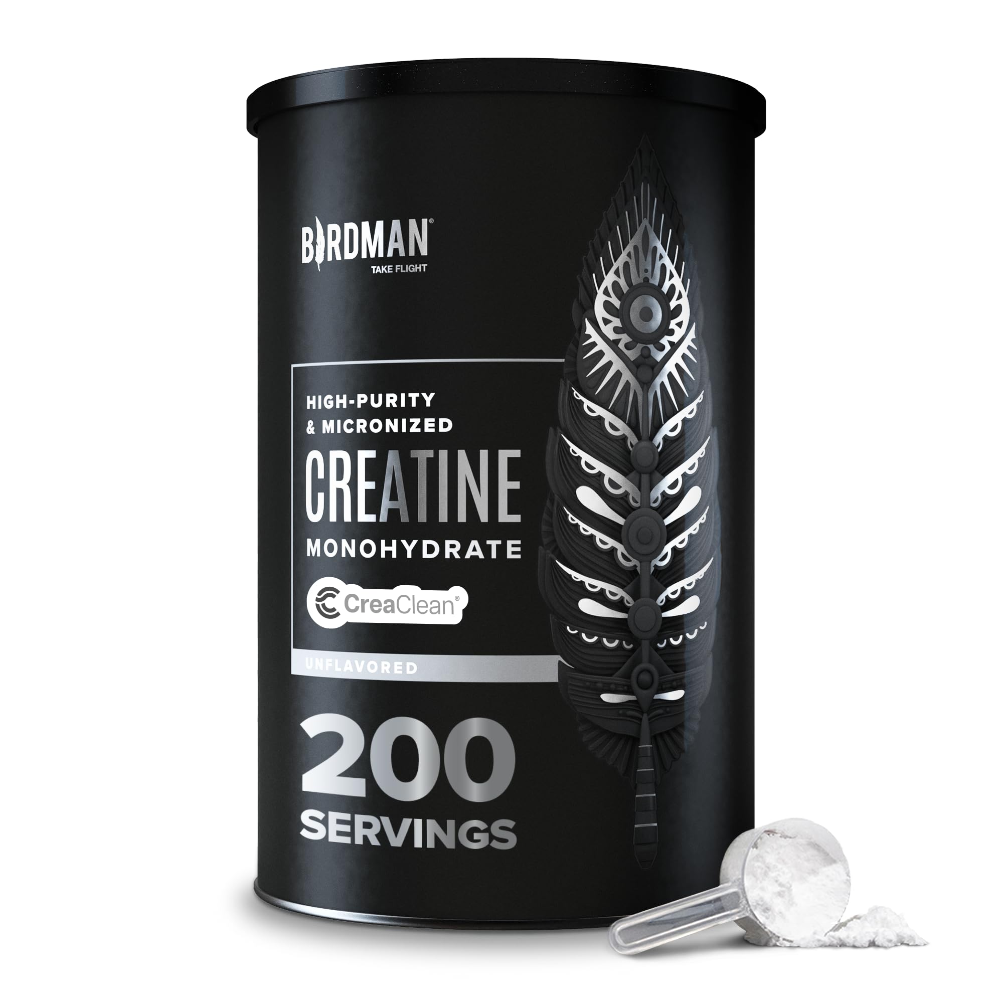 Birdman Micronized Creatine Monohydrate powder container with scoop