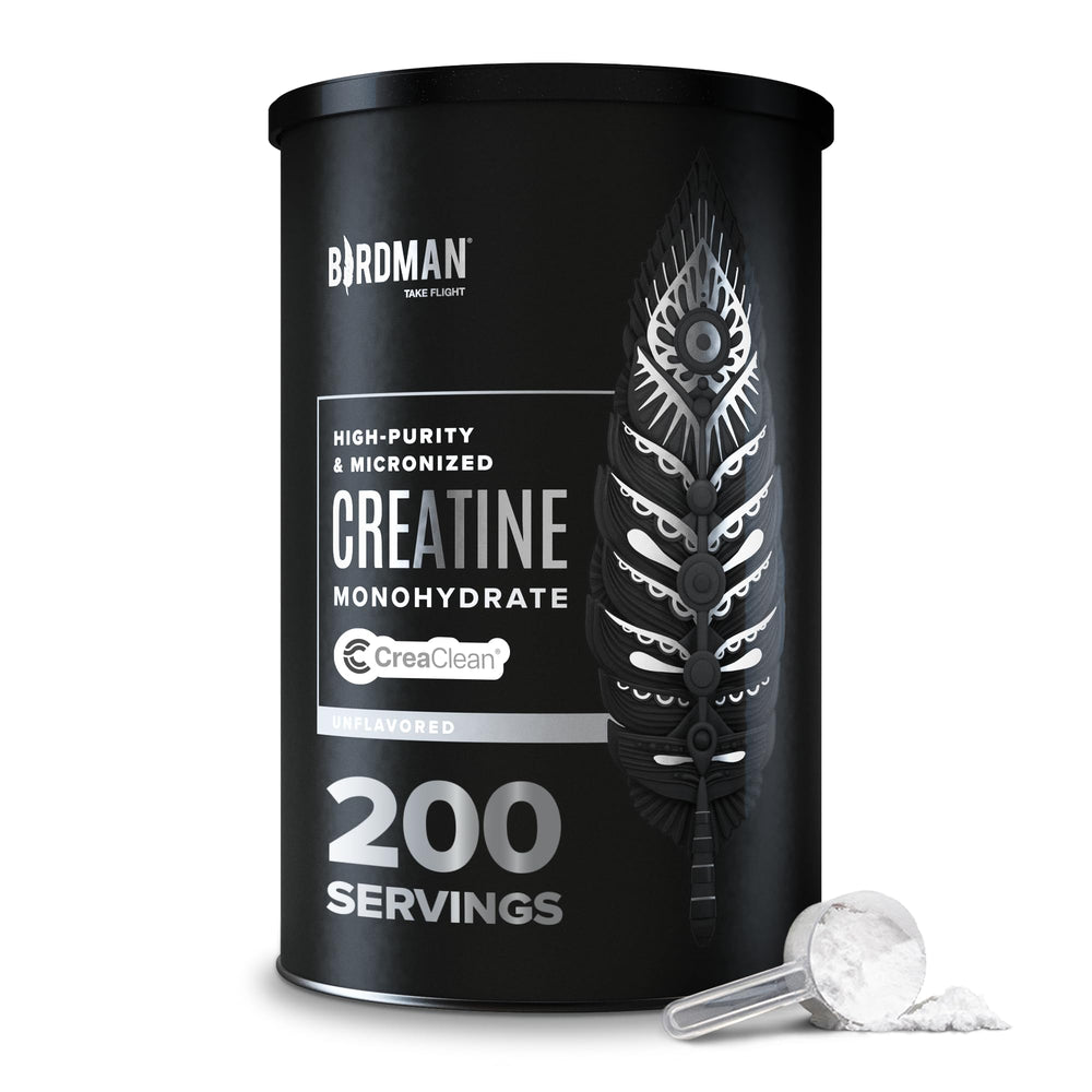 Birdman Micronized Creatine Monohydrate powder container with scoop