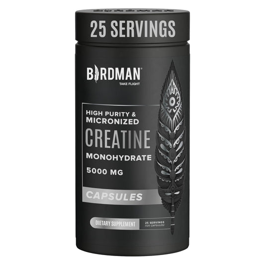 Birdman Micronized Creatine Monohydrate capsules bottle label front