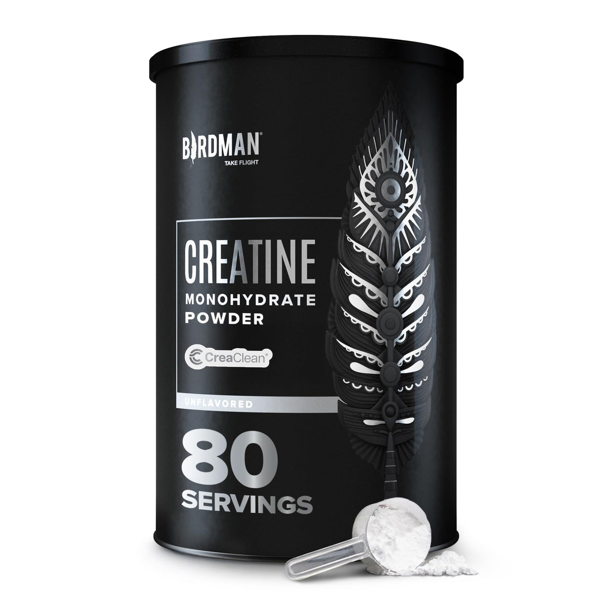 Birdman Micronized Creatine Monohydrate powder bottle with 80 servings