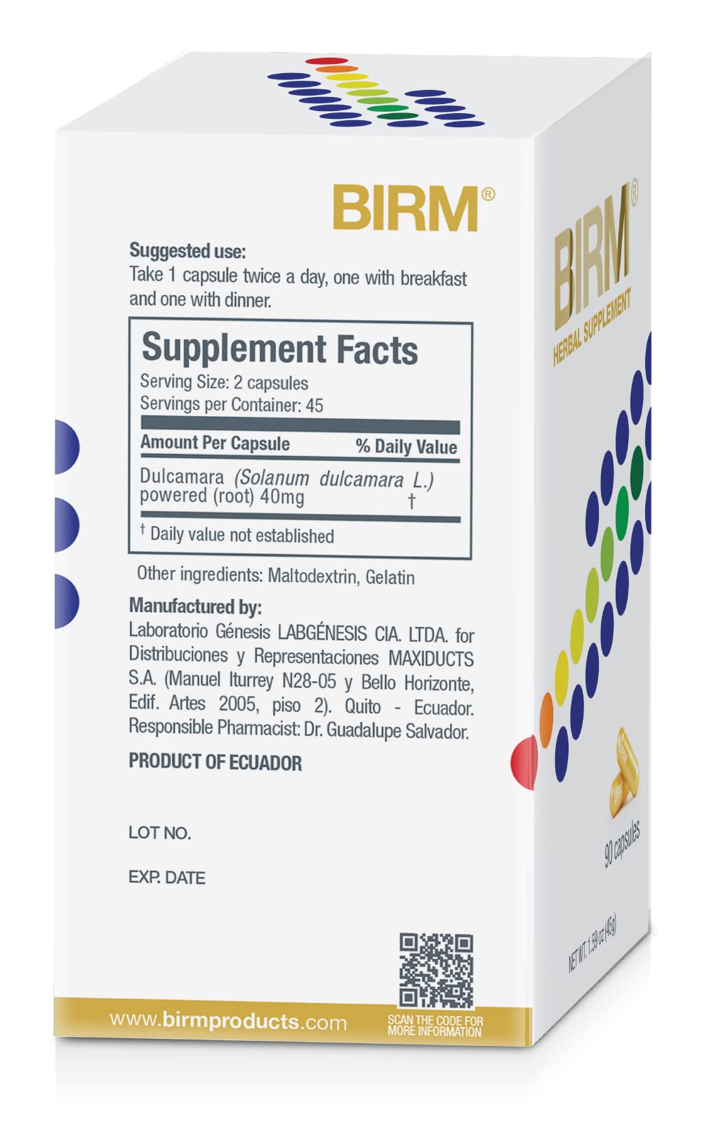BIRM packaging showing 90 capsules and Ecuador label