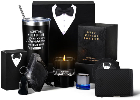 Display of 8-piece premium birthday gift basket for men