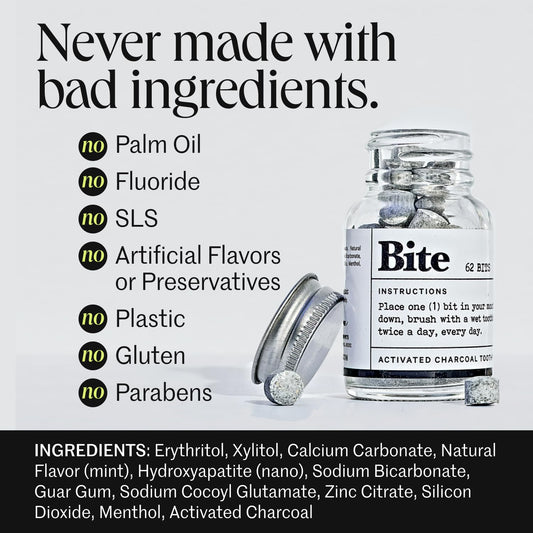 Back view of Bite Toothpaste Tablets Mint Charcoal packaging