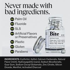 Back view of Bite Toothpaste Tablets Mint Charcoal packaging