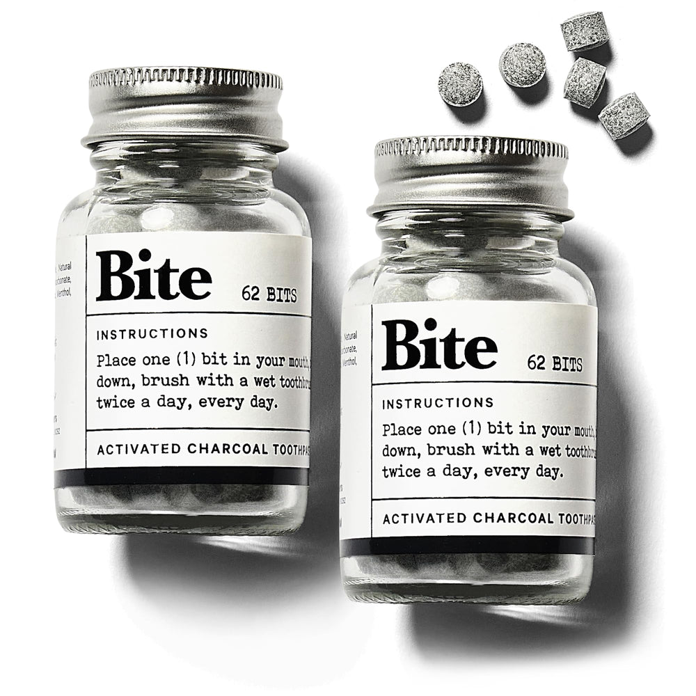 Front view of Bite Whitening Toothpaste Tablets with Mint Charcoal