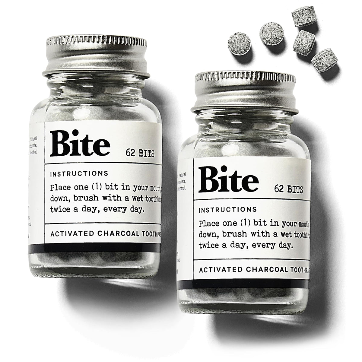 Front view of Bite Whitening Toothpaste Tablets with Mint Charcoal