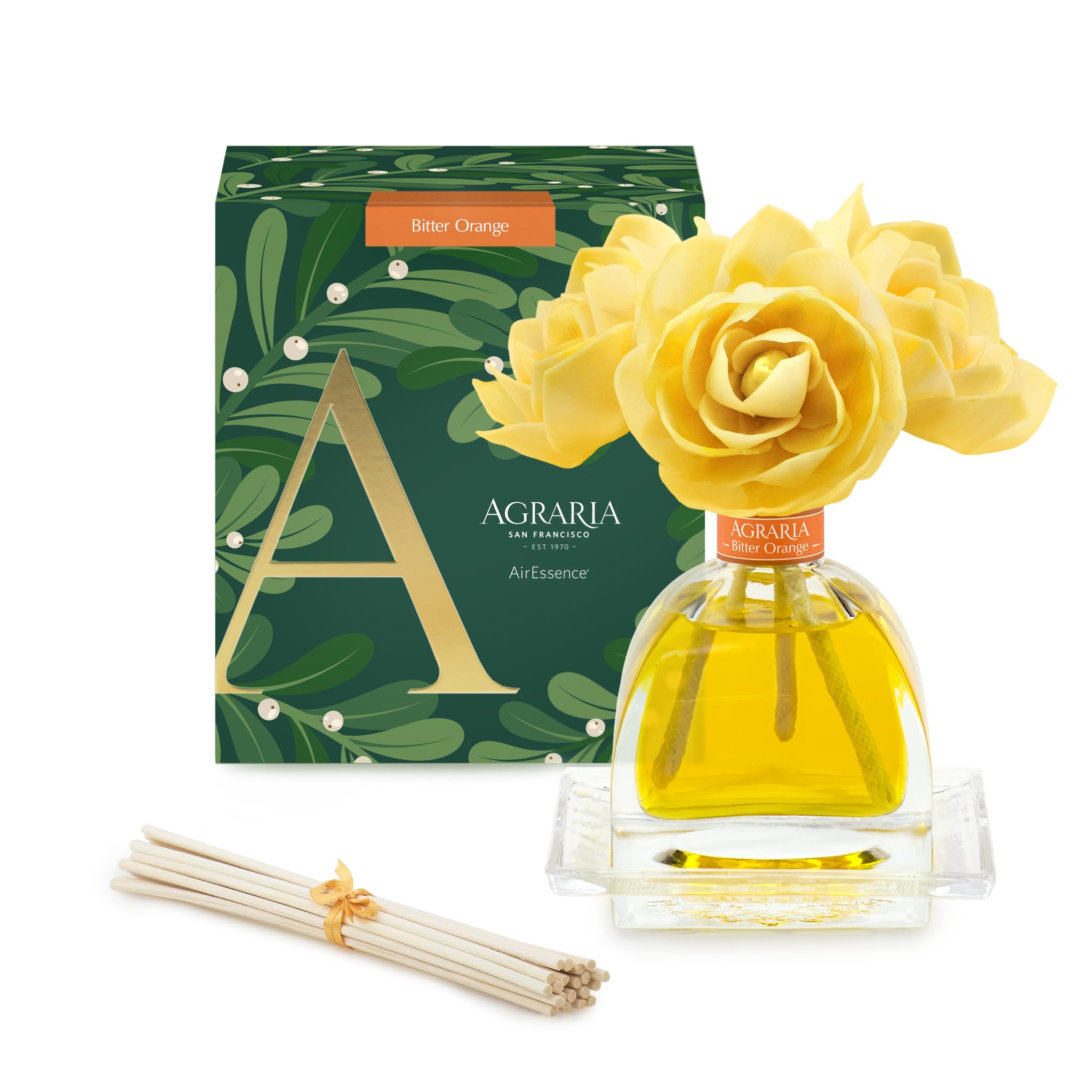 Bitter Orange Holiday AirEssence diffuser bottle with flowers and reeds, 7.4oz