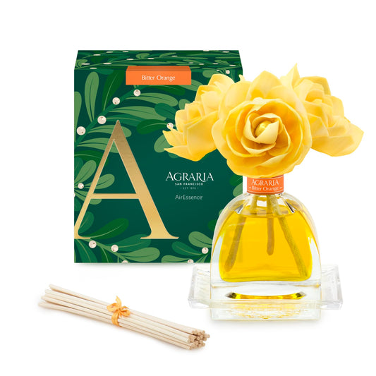 Bitter Orange Holiday AirEssence diffuser bottle with flowers and reeds, 7.4oz