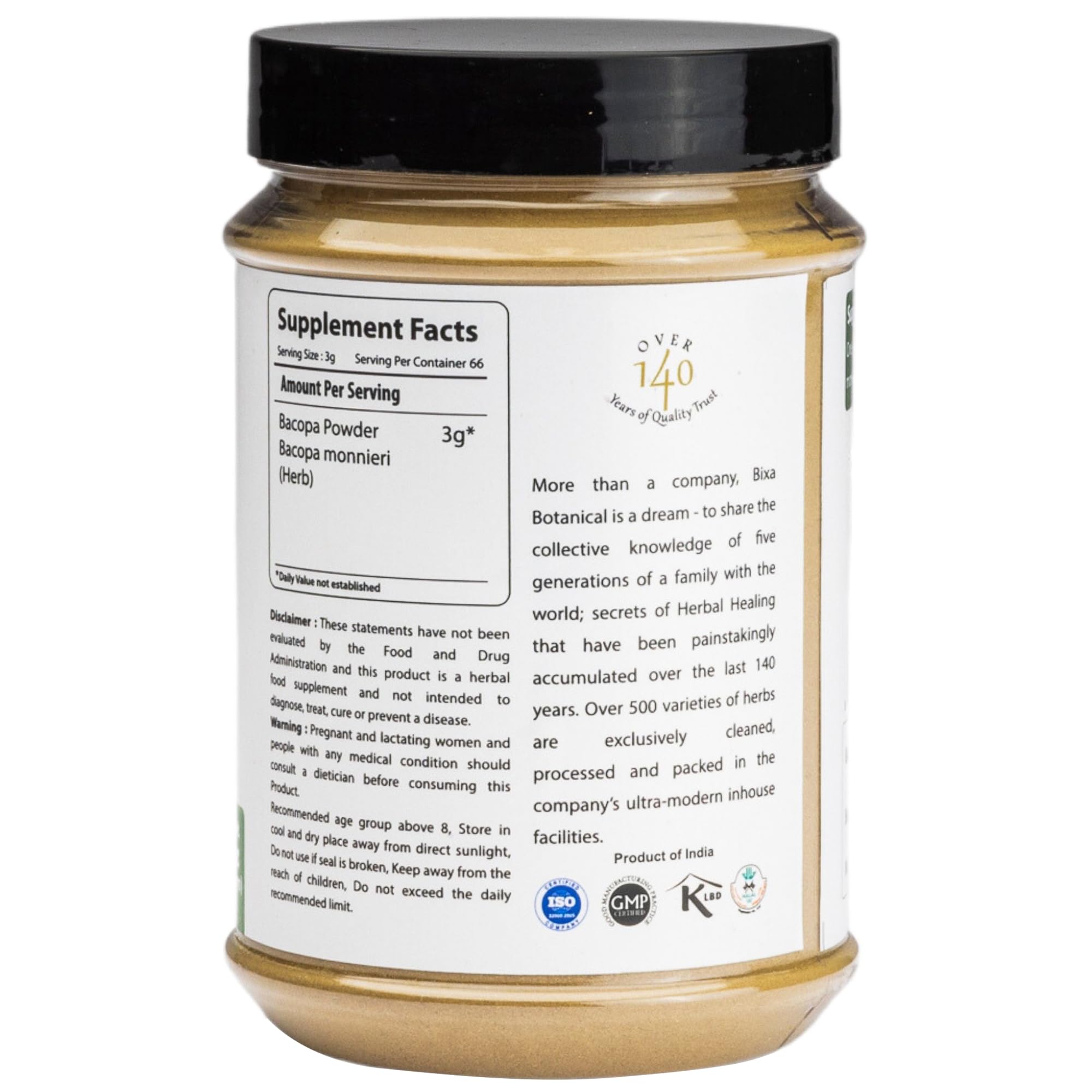 Bixa Botanical Brahmi Powder packaging 200g