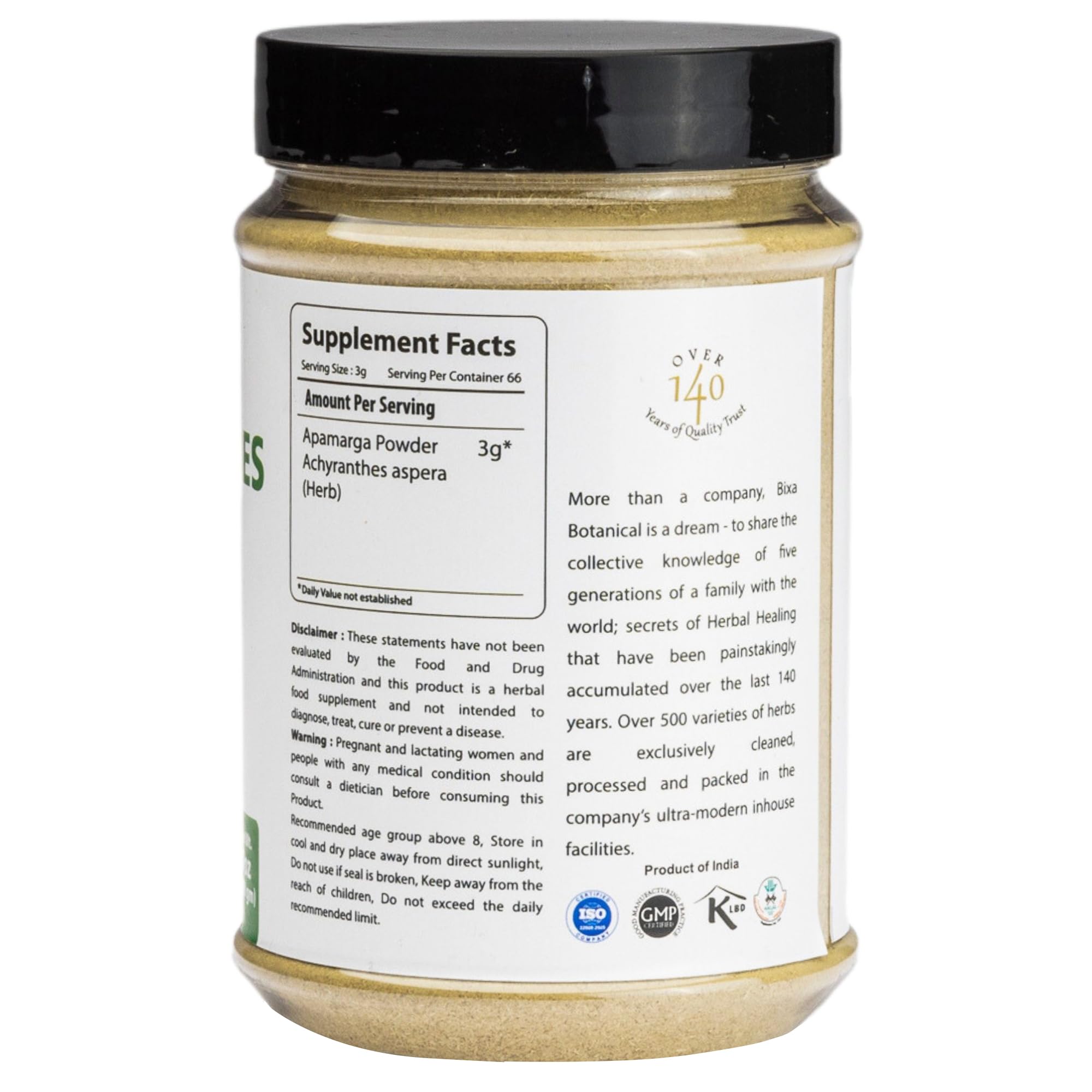Lab-tested quality seal on herbal powder packaging