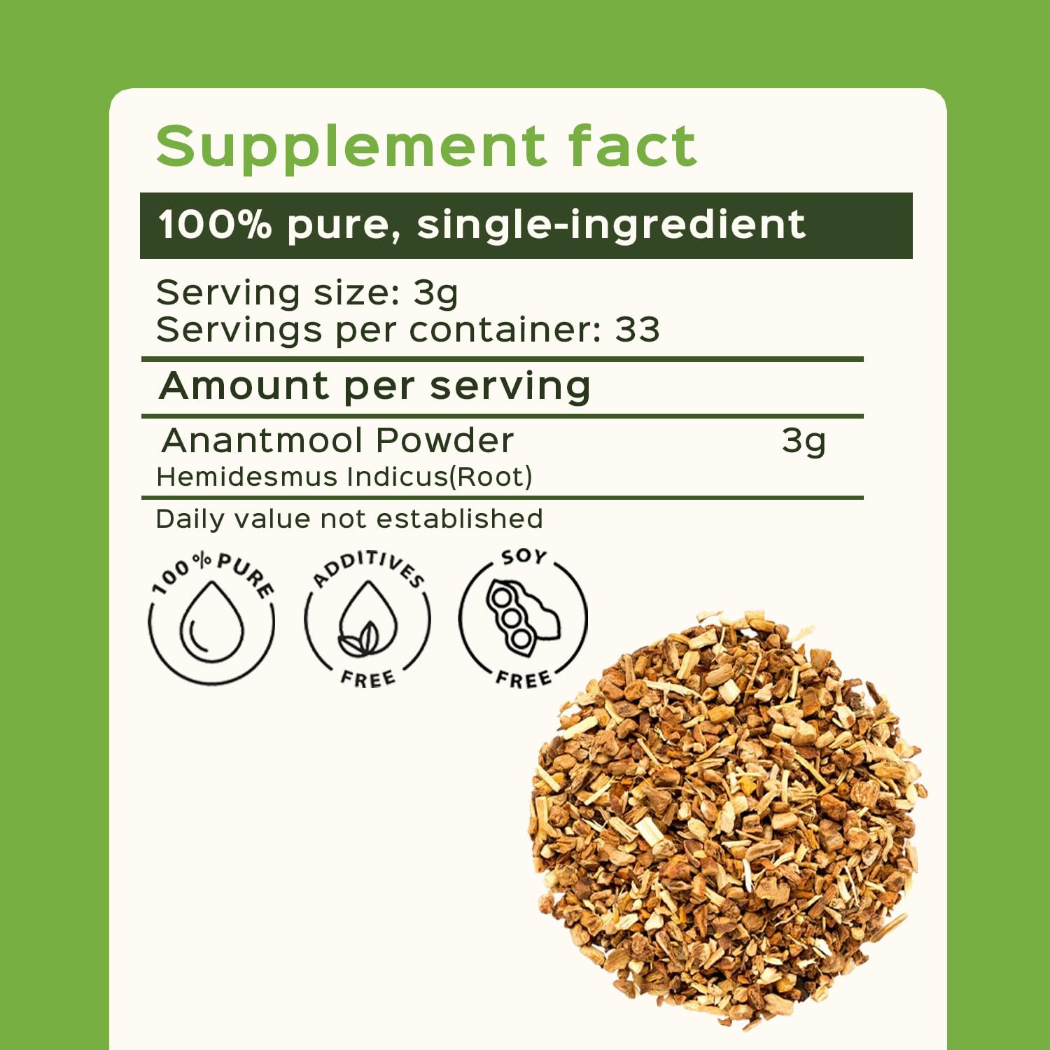 Packaging of Bixa Botanical Sarsaparilla Root Powder 100g