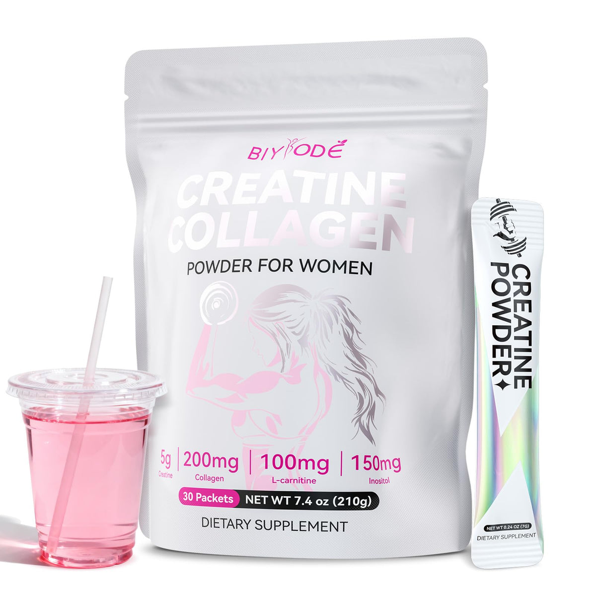 Front view of BIYODE Creatine Sticks for Women packaging with pink design.