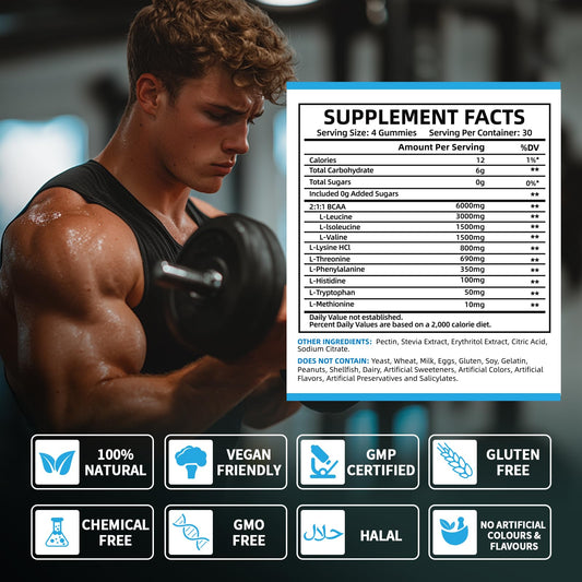 Label highlighting all 9 EAAs and BCAAs