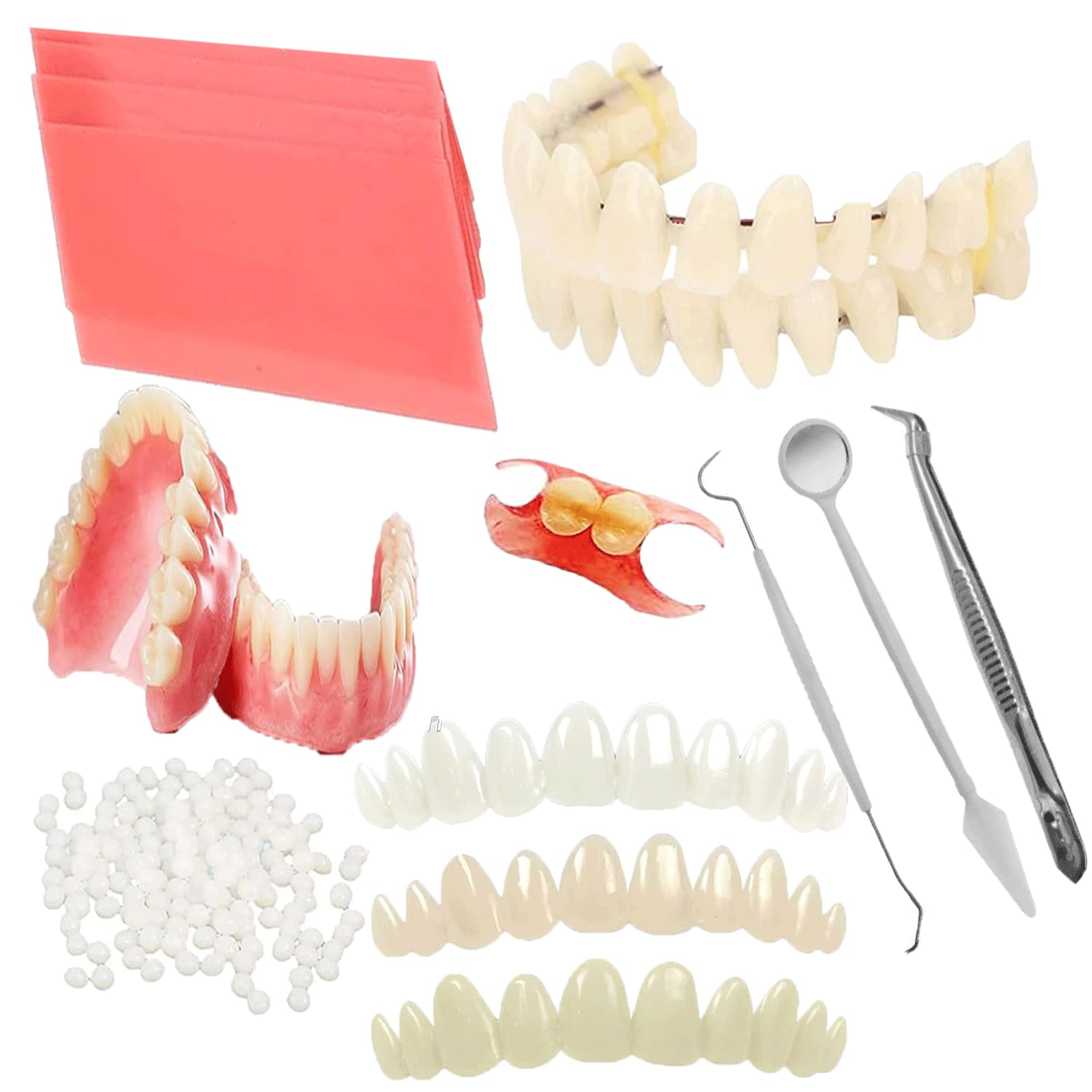 Hands assembling DIY denture kit with wax and tools