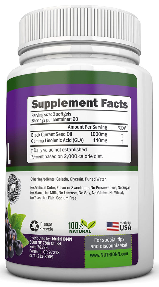 NutriONN Black Currant Oil bottle label close-up