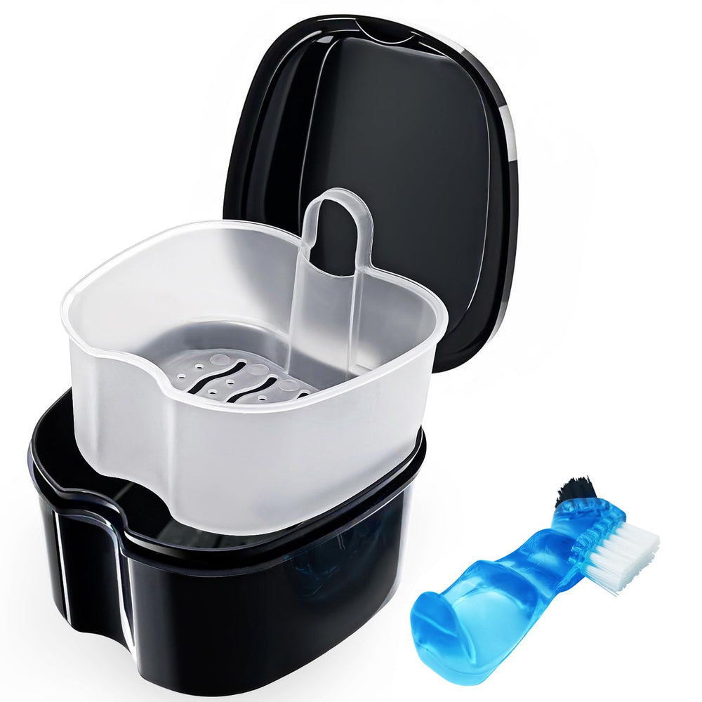 Black denture soaking container with lid and built-in strainer