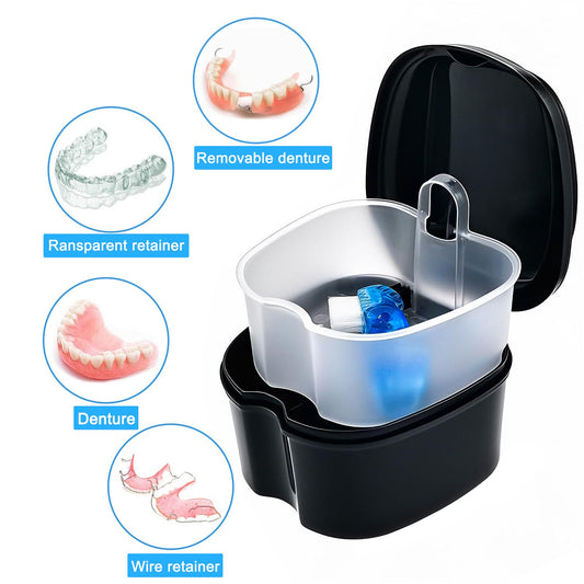 Denture cleaning case close-up showing detachable drain basket