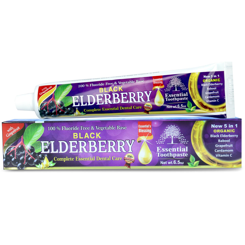 Black Elderberry Essential Toothpaste - 6.5 oz, 5-in-1 Organic Blend with Babool, Grapefruit, Cardamom & Vitamin C