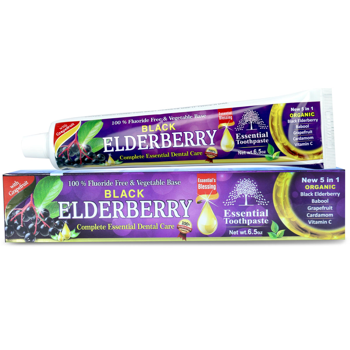 Black Elderberry Essential Toothpaste - 6.5 oz, 5-in-1 Organic Blend with Babool, Grapefruit, Cardamom & Vitamin C