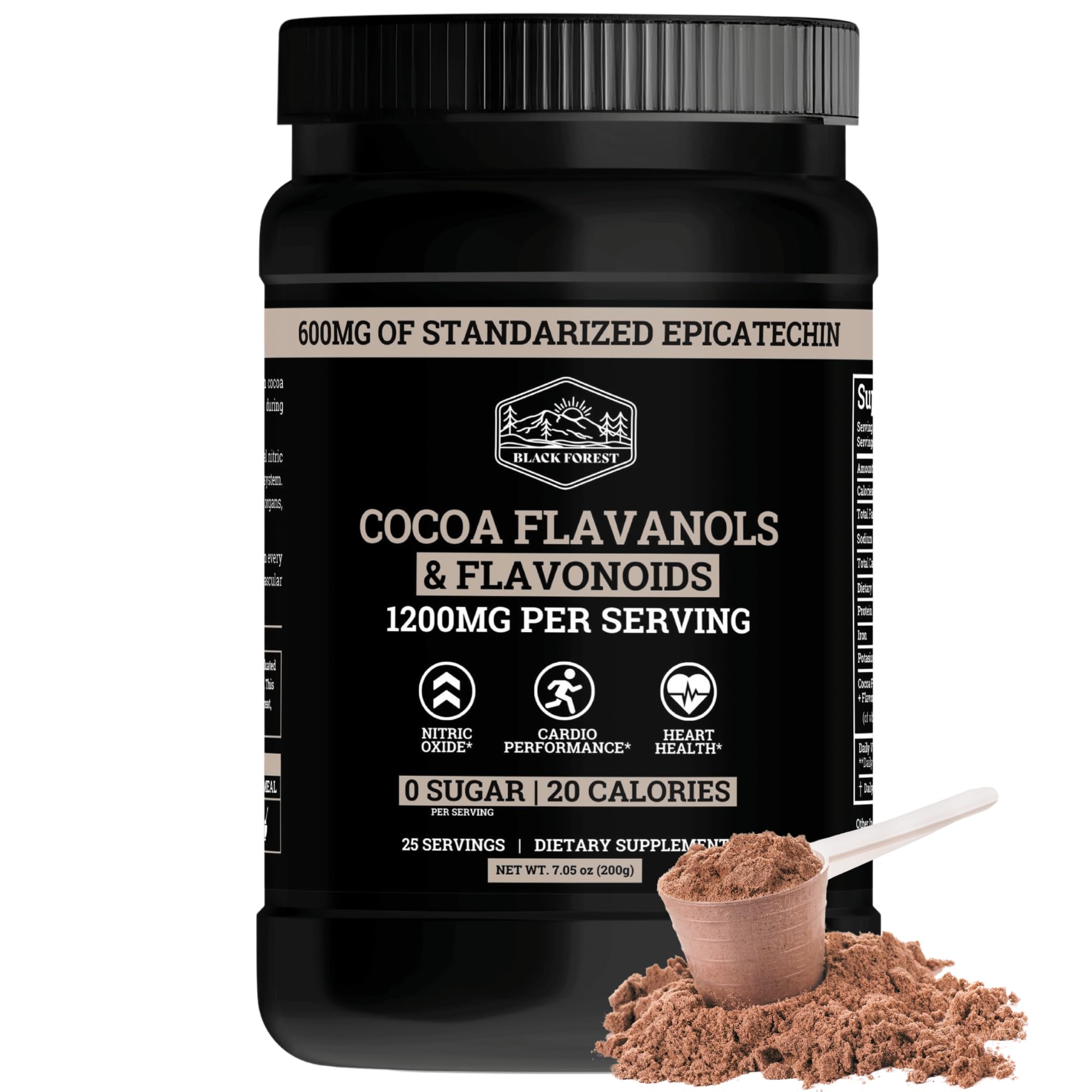 Product bottle label highlighting 1200mg flavanols and 600mg epicatechin per serving