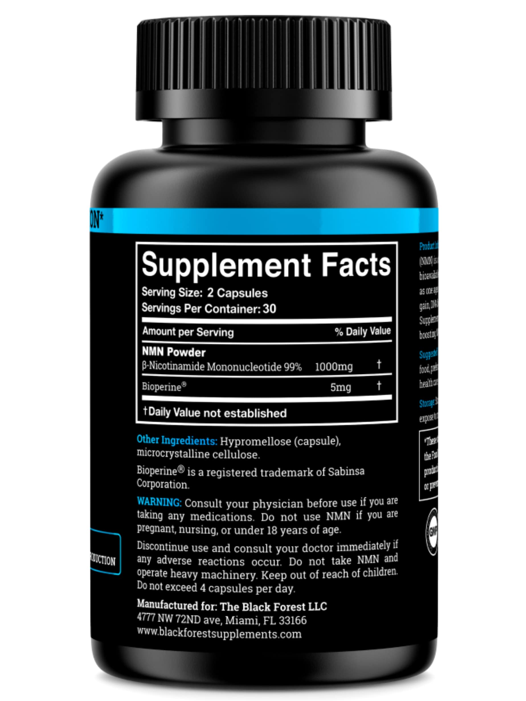 Close-up of label on Black Forest NMN 1000mg bottle