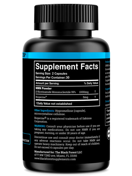 Close-up of label on Black Forest NMN 1000mg bottle