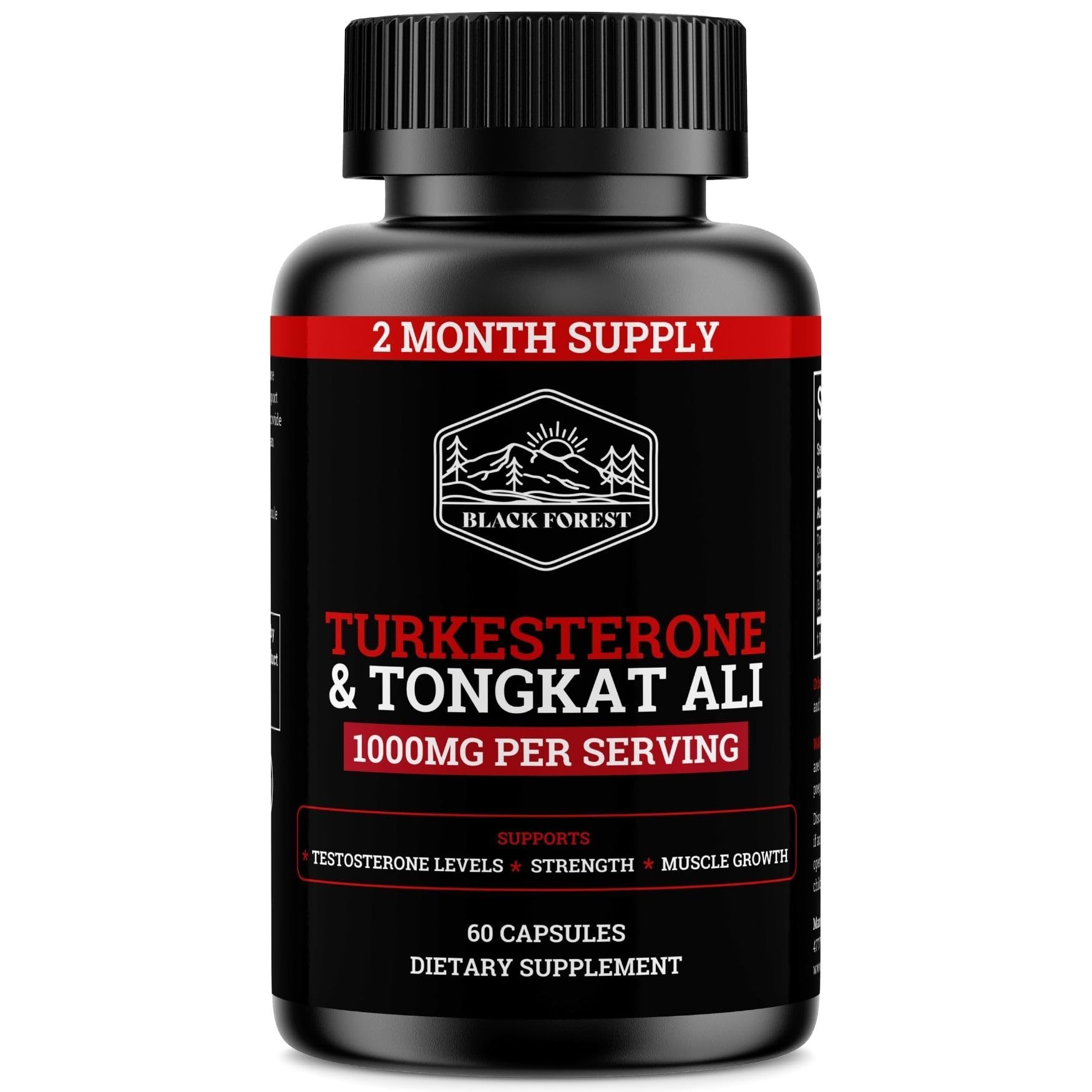 Black Forest Turkesterone Tongkat Ali bottle shows high-potency 1000mg capsules for strength and energy.