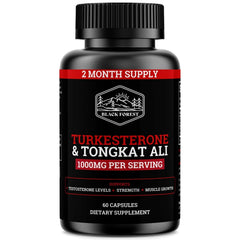 Black Forest Turkesterone Tongkat Ali bottle shows high-potency 1000mg capsules for strength and energy.