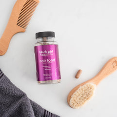 Box and bottle packaging of Black Girl Vitamins Hair Food